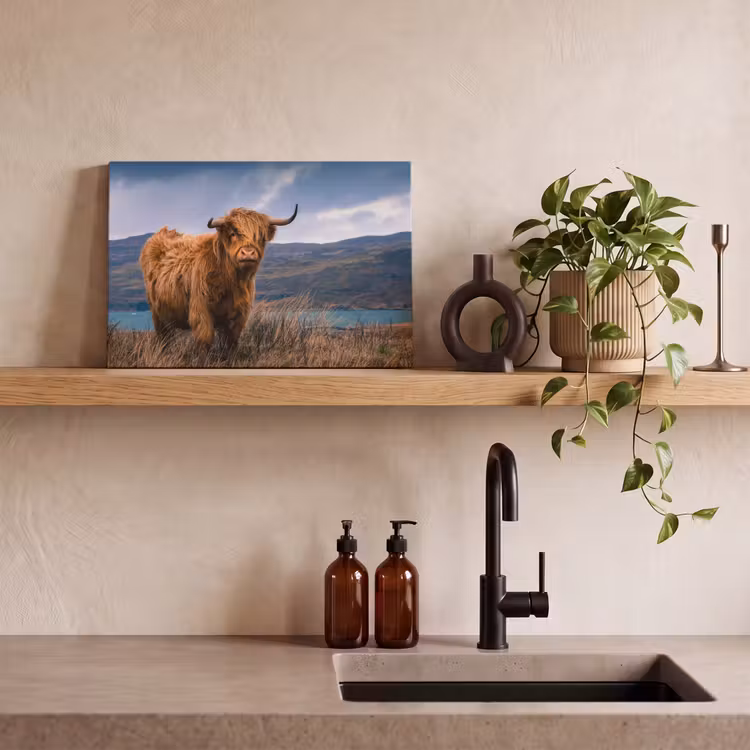 Schotse Hooglander - Berg - Water - Natuur - Koe canvas 2cm klein -sfeer3