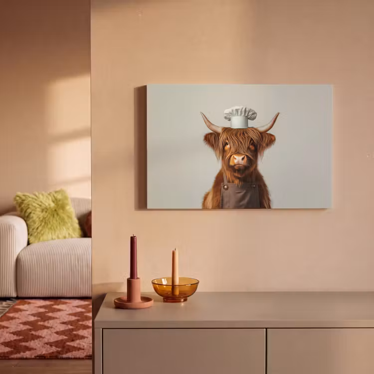 Schotse Hooglander - Bruin - Hoorns - Kokskleding canvas 2cm klein -sfeer1