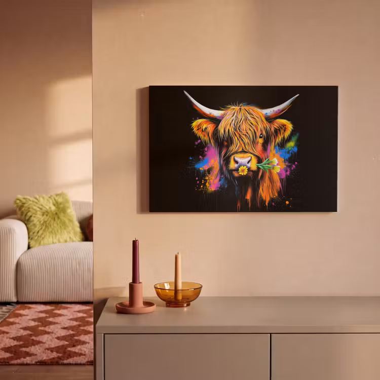 Schotse Hooglander - Graffiti - Kleurrijk - Bloem - Dieren canvas 2cm klein -sfeer1