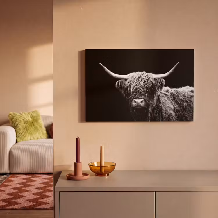 Schotse Hooglander - Koe - Zwart - Wit - Dieren canvas 2cm klein -sfeer1