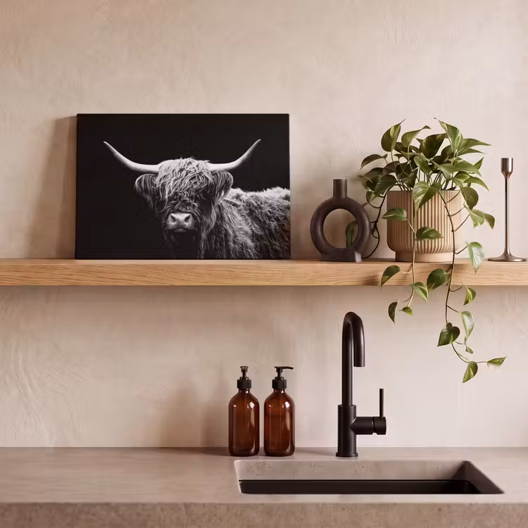 Schotse Hooglander - Koe - Zwart - Wit - Dieren canvas 2cm klein -sfeer3