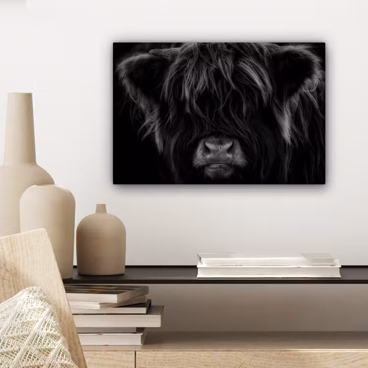 Schotse hooglander - Koe - Zwart - Wit - Dieren canvas 2cm klein -sfeer6