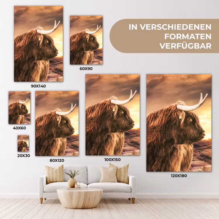 Schotse hooglander - Zon - Horizon - Koe - Dieren canvas 2cm klein -uniquesellingpoint_afwerking-onlywow_DE