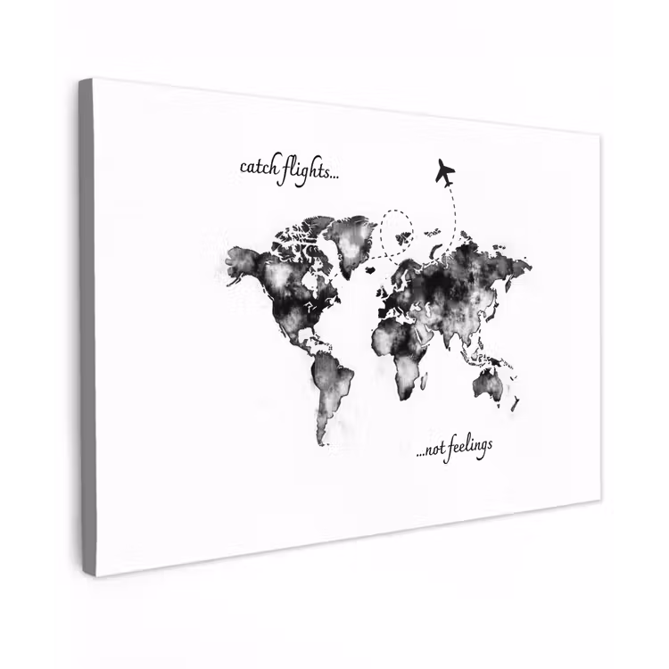 Zwart - Quote - Wereldkaart - Vliegen canvas 2cm klein -z3d