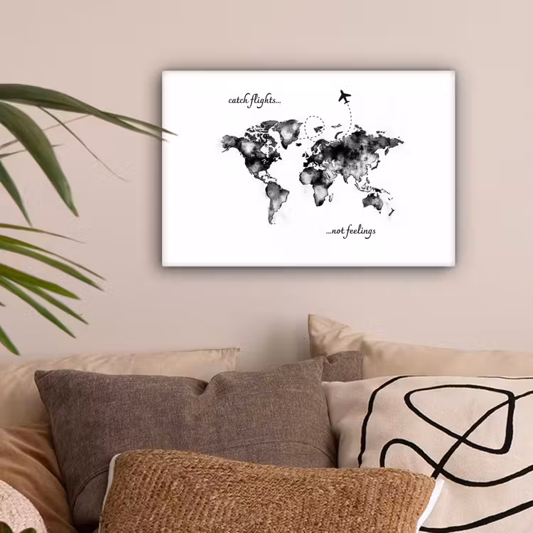 Zwart - Quote - Wereldkaart - Vliegen canvas 2cm klein -sfeer1