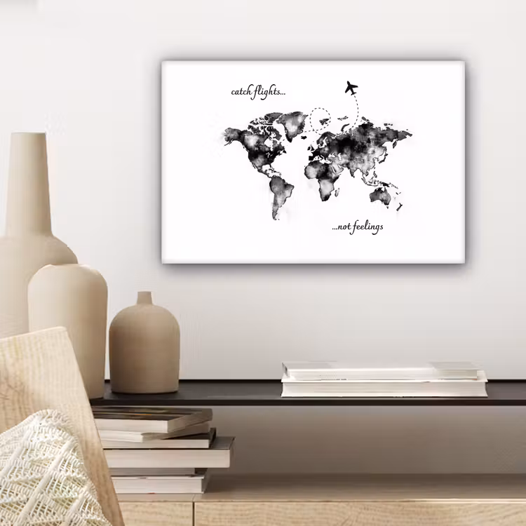 Zwart - Quote - Wereldkaart - Vliegen canvas 2cm klein -sfeer6