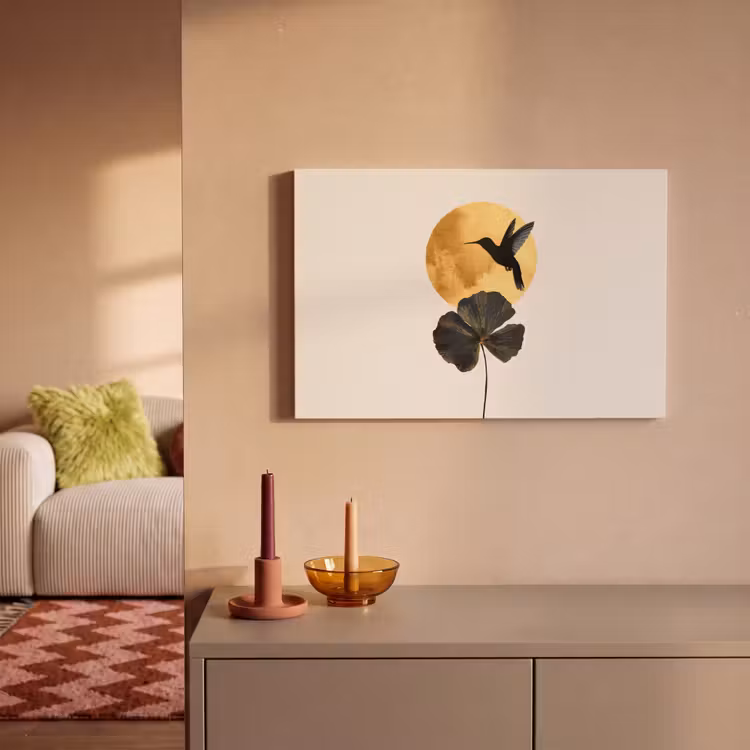 Zwarte kolibrie - Bloem - Gouden cirkel canvas 2cm klein -sfeer1