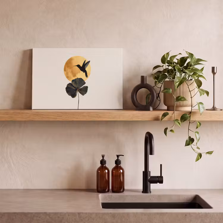Zwarte kolibrie - Bloem - Gouden cirkel canvas 2cm klein -sfeer3