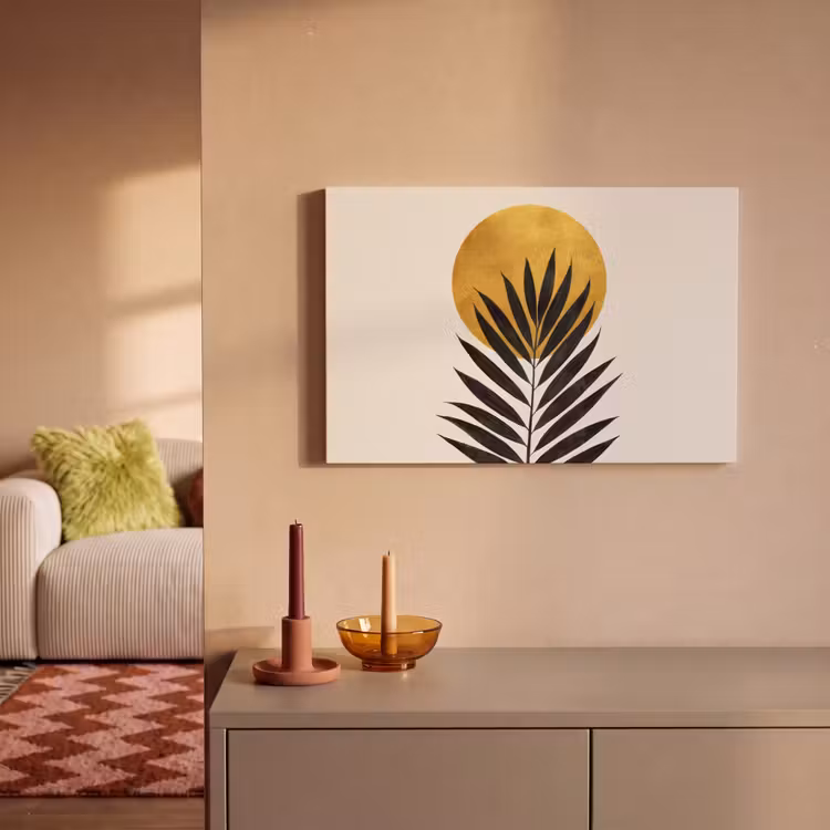 Zwart palmblad - Gouden cirkel - Beige achtergrond canvas 2cm klein -sfeer1