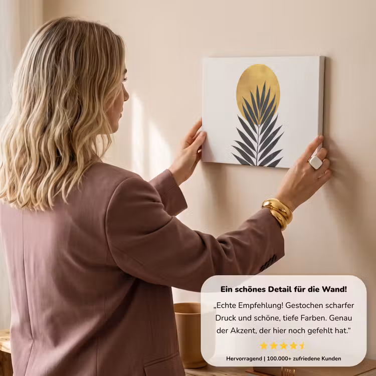 Zwart palmblad - Gouden cirkel - Beige achtergrond canvas 2cm klein -Xsfeer7_DE
