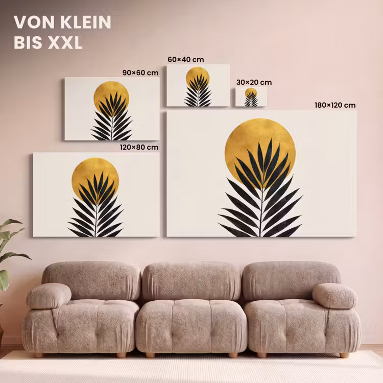 Zwart palmblad - Gouden cirkel - Beige achtergrond canvas 2cm klein -Xsfeer8_DE