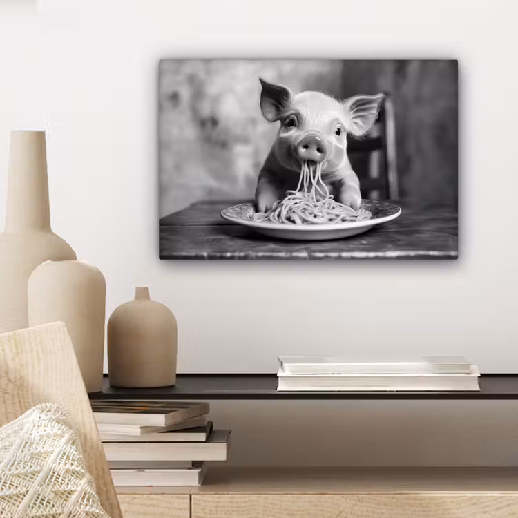 Varken - Schattig - Spaghetti - Zwart wit - Dier canvas 2cm klein -closeup_print_DE