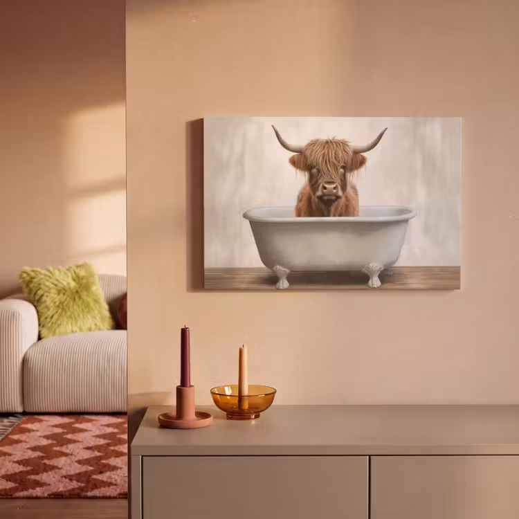 Schotse hooglander - Bad - Badkamer - Badkuip - Bruin - Horens canvas 2cm klein -sfeer1