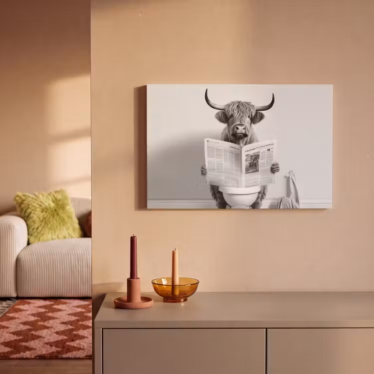 Schotse hooglander - Krant - Toilet - WC - Grijs - Wit - Koe - Horens canvas 2cm klein -sfeer1