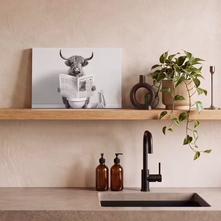 Schotse hooglander - Krant - Toilet - WC - Grijs - Wit - Koe - Horens canvas 2cm klein -sfeer3