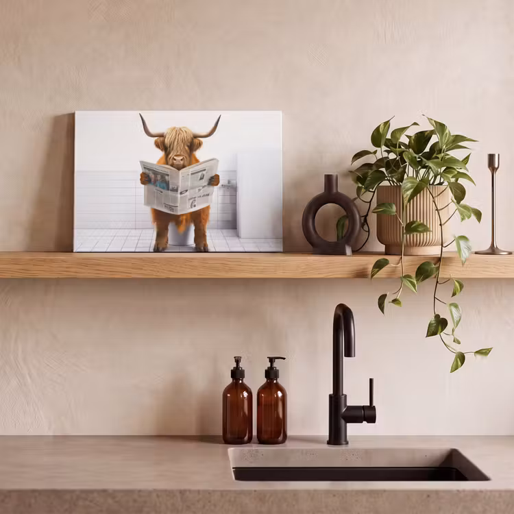 Schotse hooglander - Krant - Toilet - WC - Wit - Koe canvas 2cm klein -sfeer3