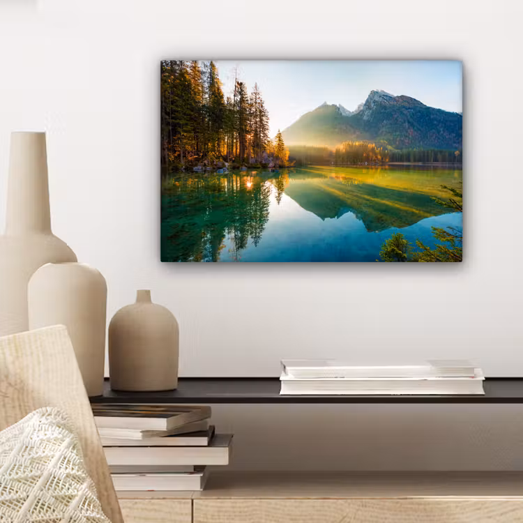 Meer - Bos - Bergen - Natuur - Zon - Landschap canvas 2cm klein -sfeer6