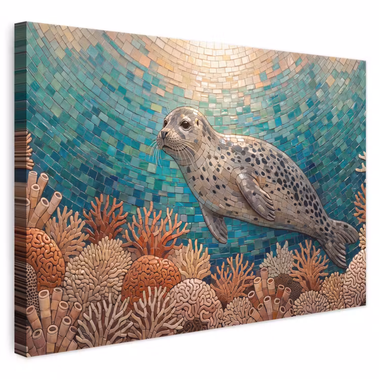 Zeehond - Mozaïek - Onderwater - Dieren - Blauw canvas 2cm klein -3d