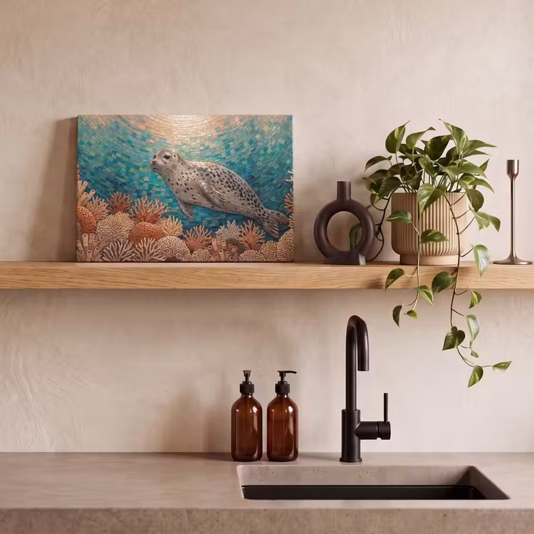 Zeehond - Mozaïek - Onderwater - Dieren - Blauw canvas 2cm klein -sfeer3