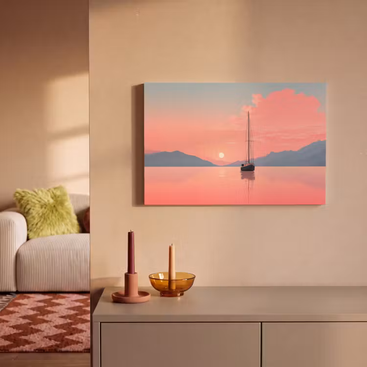 Zeilboot - Roze zee - Zonsondergang - Bergen canvas 2cm klein -sfeer1