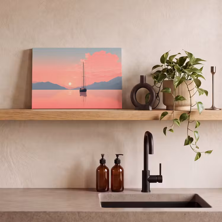 Zeilboot - Roze zee - Zonsondergang - Bergen canvas 2cm klein -sfeer3
