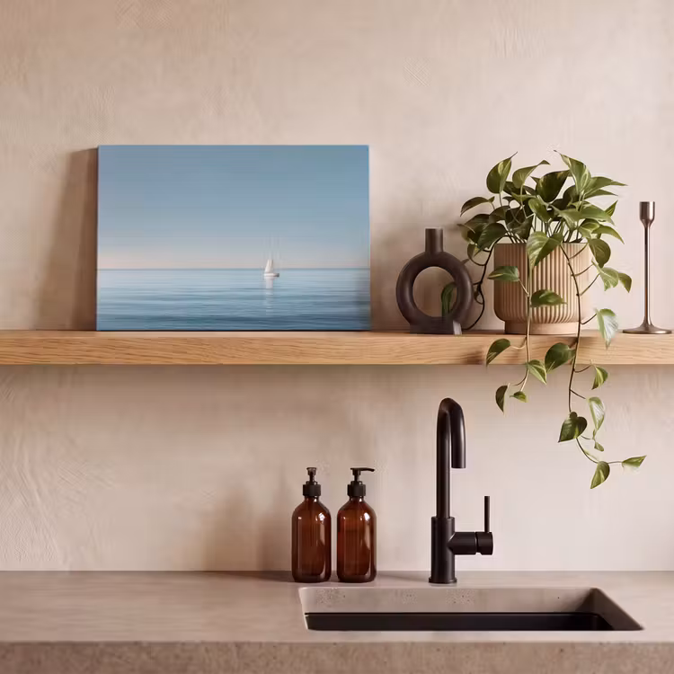 Zeilbootje - Kalme zee - Helderblauwe hemel canvas 2cm klein -sfeer3