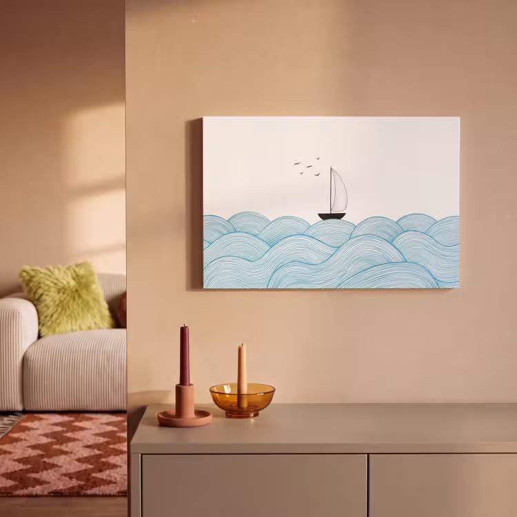 Zeilboot - Golven - Zee - Illustratie - Blauw canvas 2cm klein -sfeer1