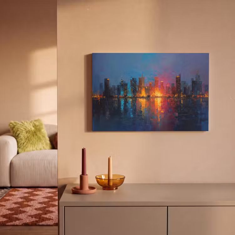 Skyline - Penseelstreken - Donkerblauw - Lichtgevend canvas 2cm klein -sfeer1