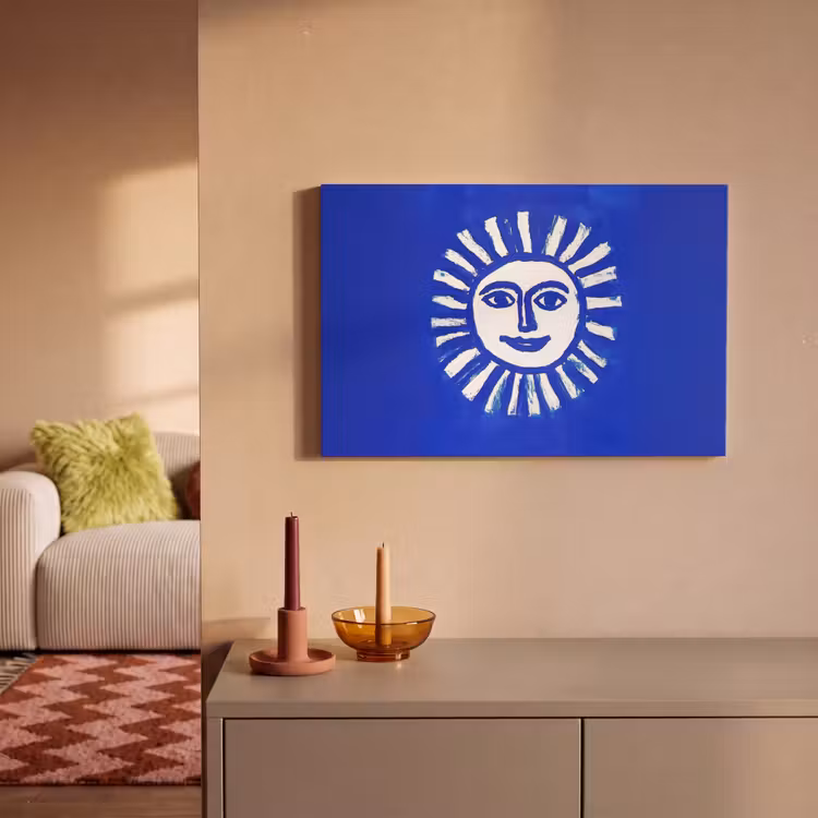 Zon - Gezicht - Penseelstructuur - Blauw canvas 2cm klein -sfeer1