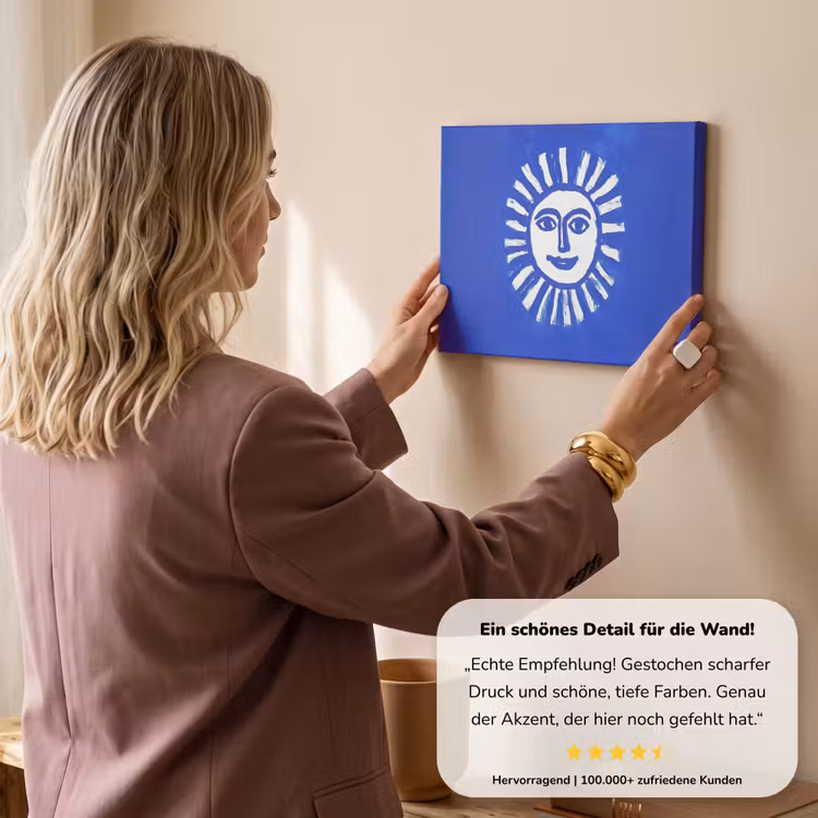Zon - Gezicht - Penseelstructuur - Blauw canvas 2cm klein -sfeer3