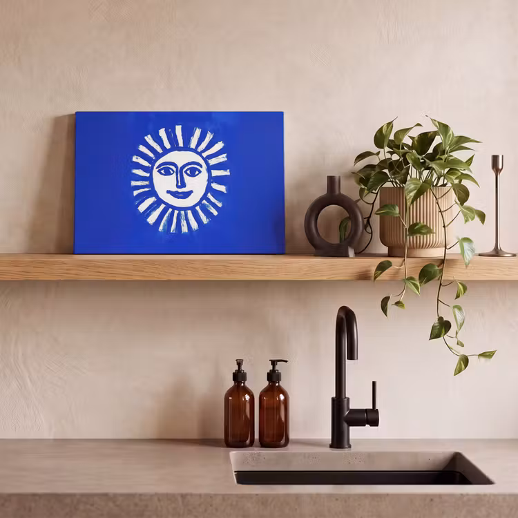 Zon - Gezicht - Penseelstructuur - Blauw canvas 2cm klein -closeup_print_DE