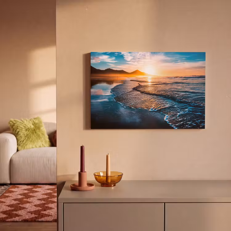 Zonsondergang - Zee - Berg - Horizon - Landschap - Blauw canvas 2cm klein -sfeer1