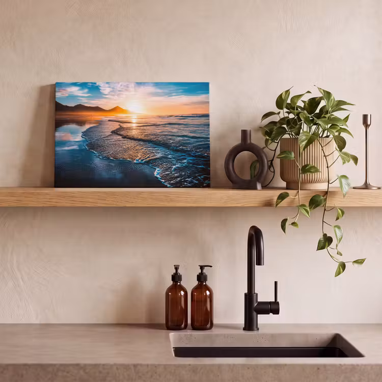 Zonsondergang - Zee - Berg - Horizon - Landschap - Blauw canvas 2cm klein -sfeer3