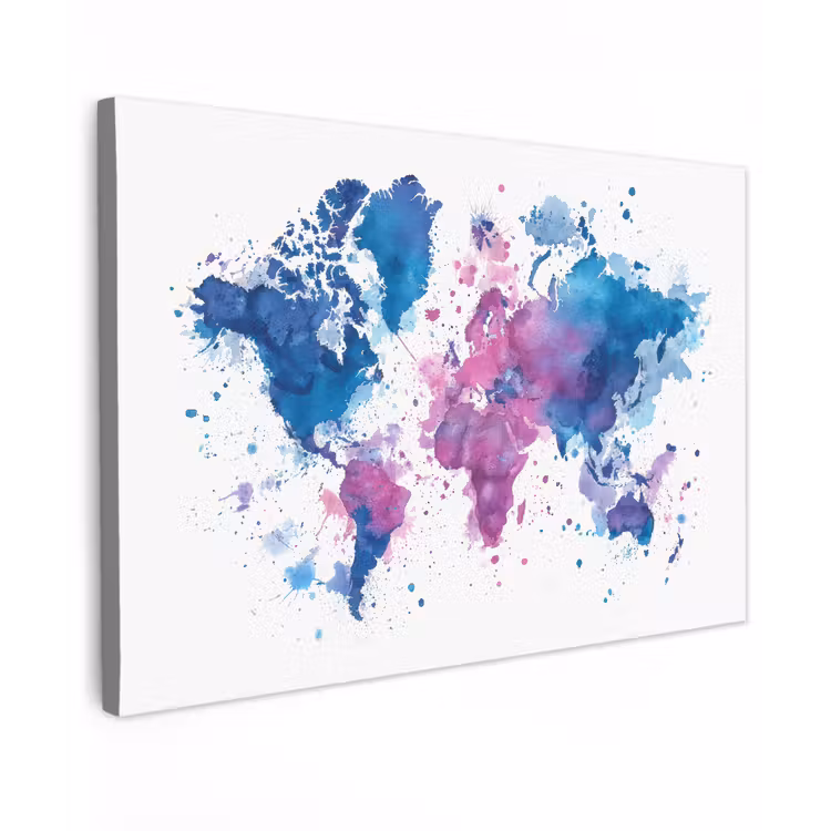 Spatten - Wereldkaart - Blauwtinten canvas 2cm klein -z3d