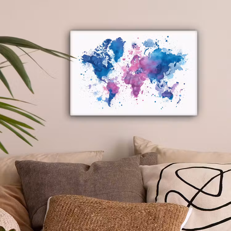 Spatten - Wereldkaart - Blauwtinten canvas 2cm klein -sfeer1