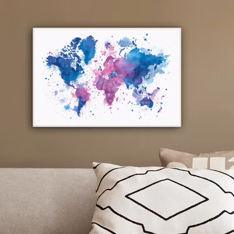Spatten - Wereldkaart - Blauwtinten canvas 2cm klein -sfeer3