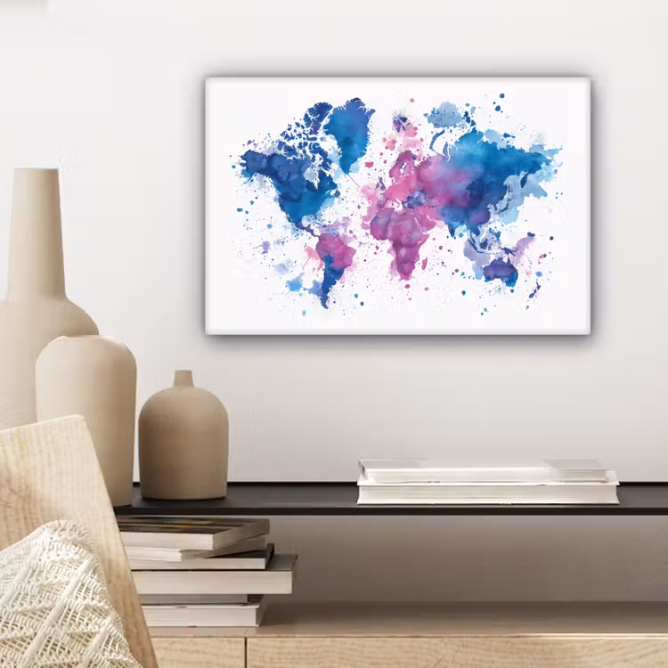 Spatten - Wereldkaart - Blauwtinten canvas 2cm klein -sfeer6