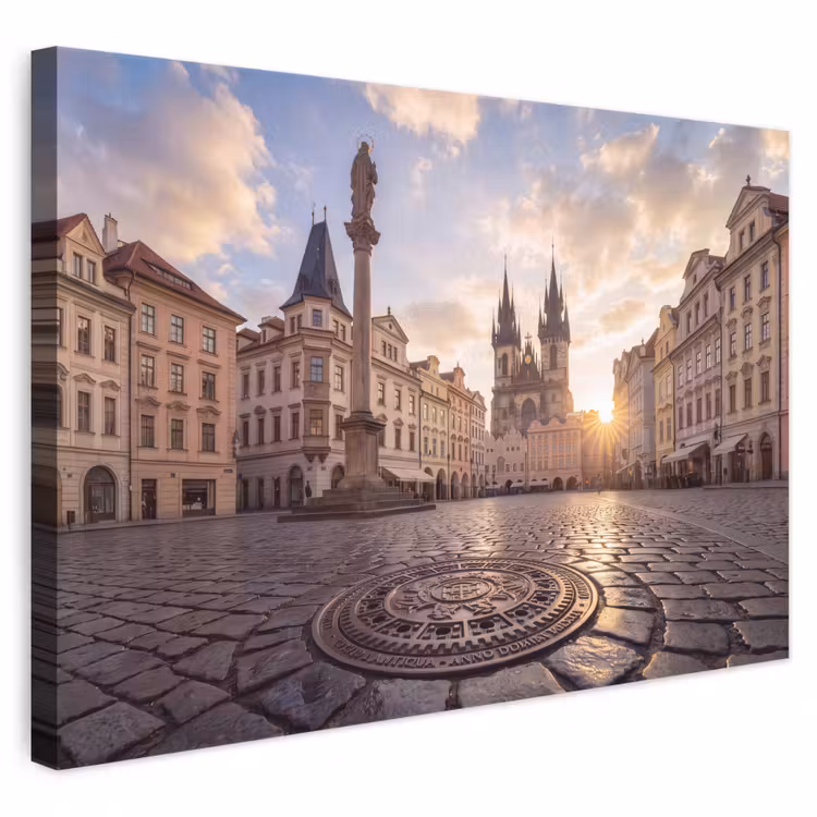 Stad - Praag - Ochtend - Architectuur - Goud canvas 2cm klein -3d