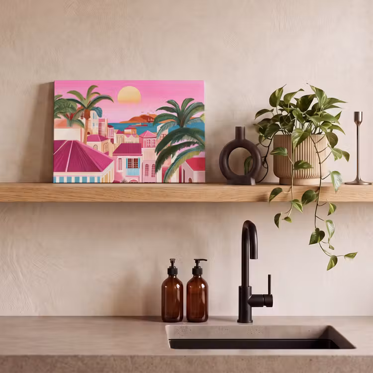 Stad - Roze - Palmbomen canvas 2cm klein -sfeer6