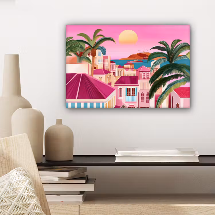 Stad - Roze - Palmbomen canvas 2cm klein -closeup_print_DE