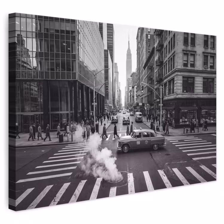 Stad - Straat - Gebouwen - Verkeer - Zwart-wit canvas 2cm klein -3d