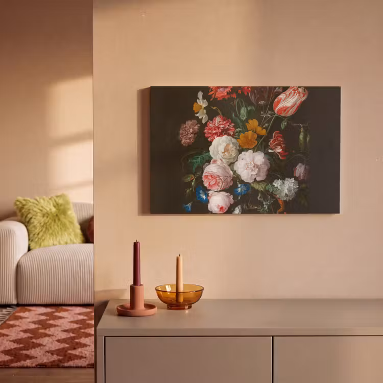 Stilleven met bloemen in een glazen vaas - Schilderij van Jan Davidsz. de Heem canvas 2cm klein -sfeer1