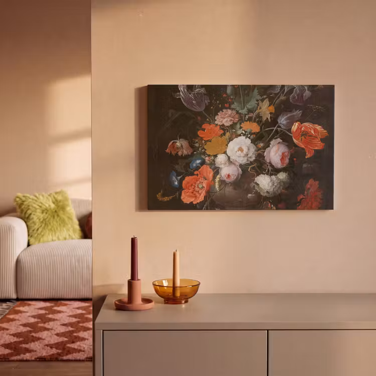 Stilleven met bloemen en een horloge - Schilderij van Abraham Mignon canvas 2cm klein -sfeer1