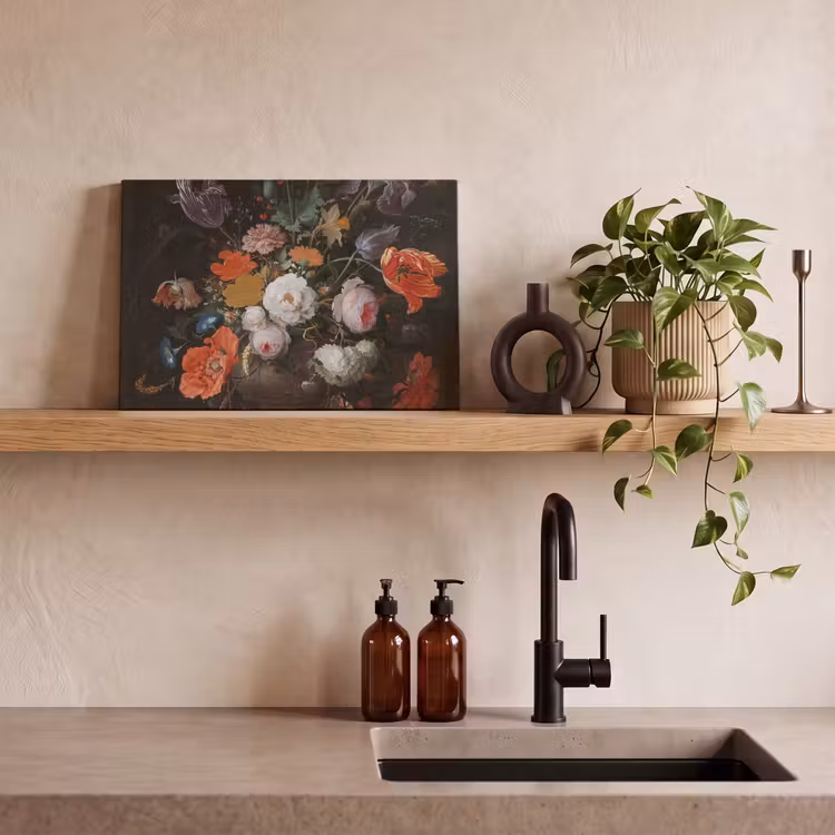 Stilleven met bloemen en een horloge - Schilderij van Abraham Mignon canvas 2cm klein -sfeer3