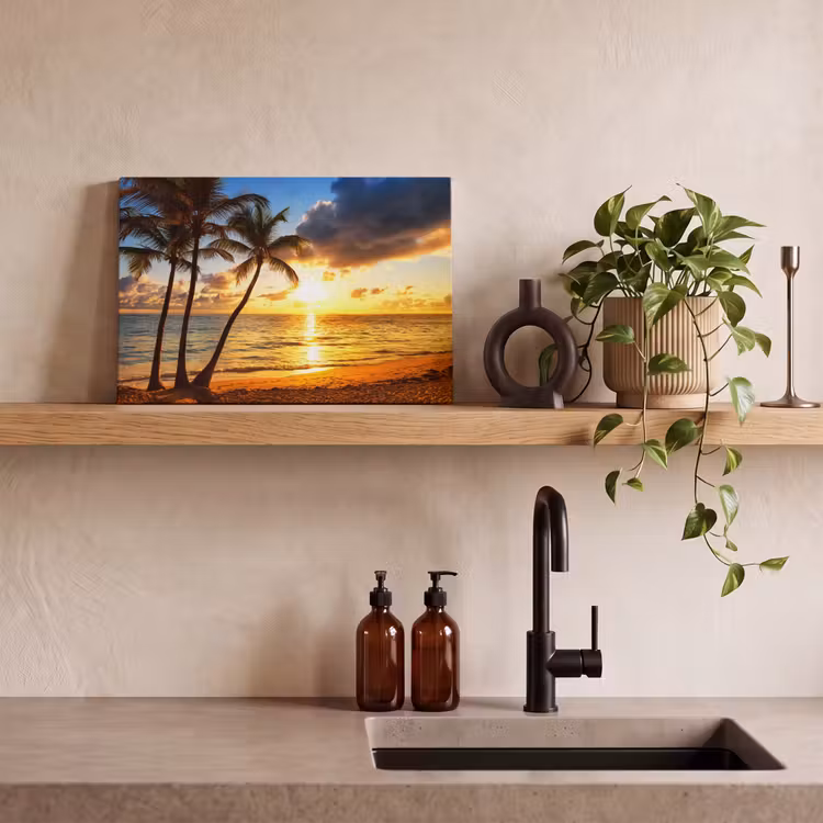 Strand - Horizon - Zonsondergang - Palmboom - Zee canvas 2cm klein -sfeer3