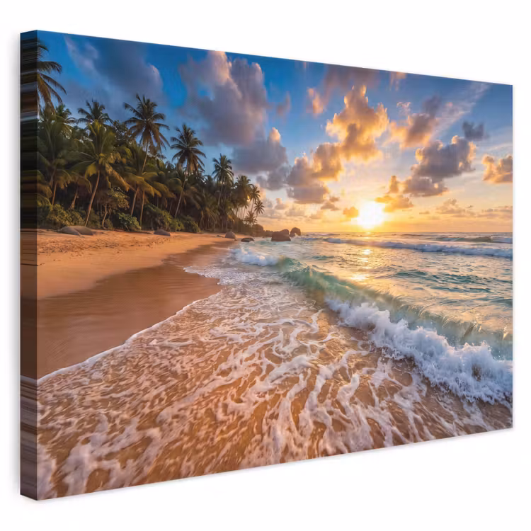 Strand - Zonsondergang - Golven - Natuur - Goud canvas 2cm klein -3d