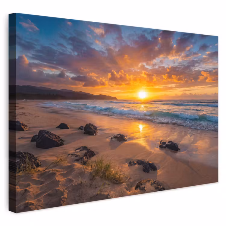 Strand - Zonsondergang - Golven - Natuur - Oranje canvas 2cm klein -3d