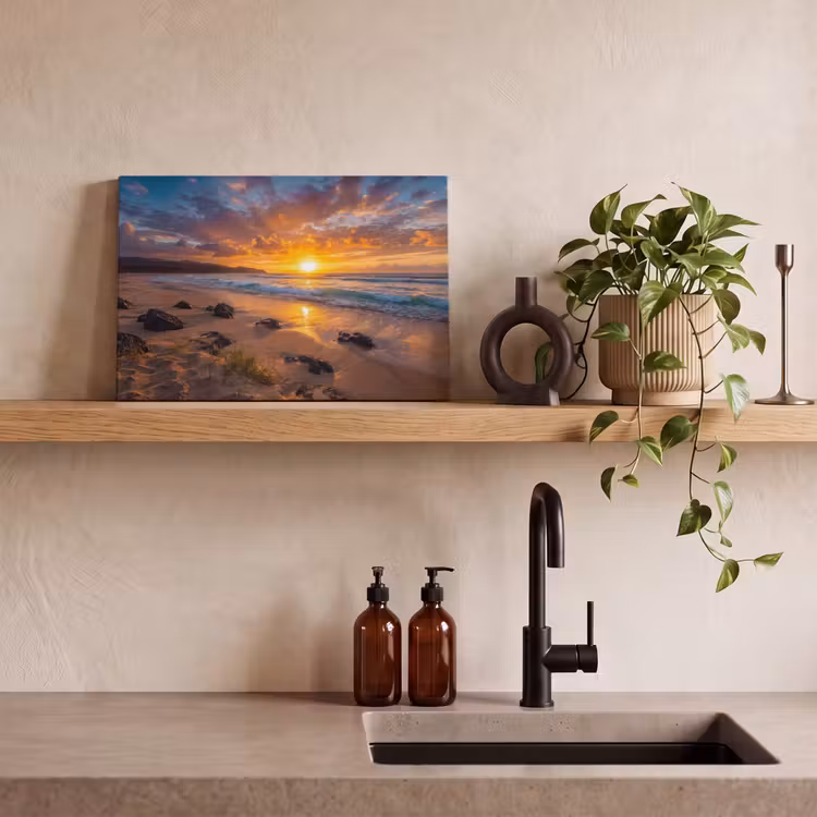Strand - Zonsondergang - Golven - Natuur - Oranje canvas 2cm klein -sfeer3
