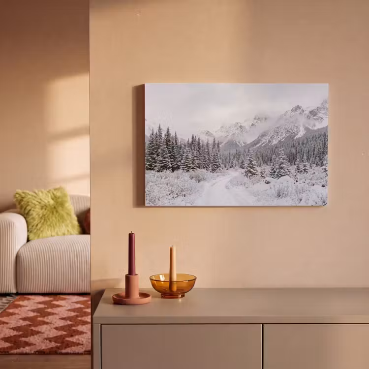 Weg - Bergen - Sneeuw - Naaldbos - Avontuurlijk canvas 2cm klein -sfeer1