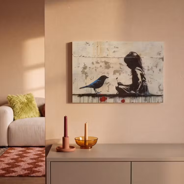 Street art - Meisje - Vogel - Graffiti - Banksy canvas 2cm klein -sfeer1